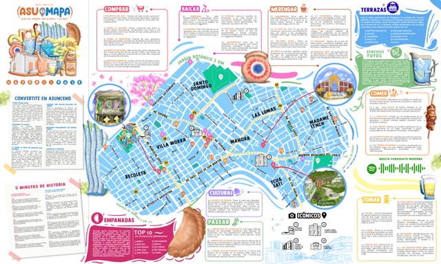 Mapa impreso de Asunción con restaurantes, bares y lugares turísticos